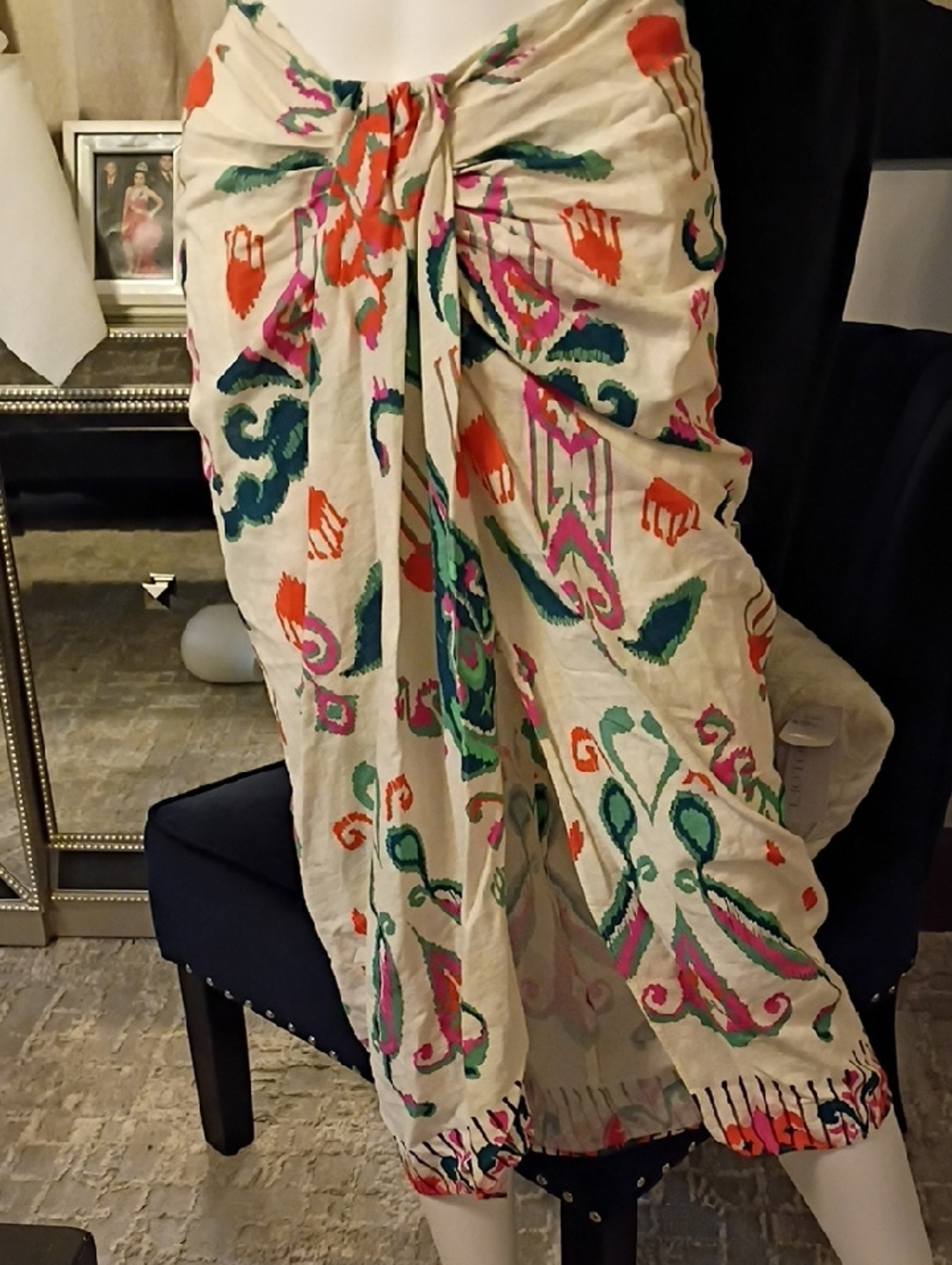 Zara Cream Maxi Skirt with Pink, Green & Orange Print